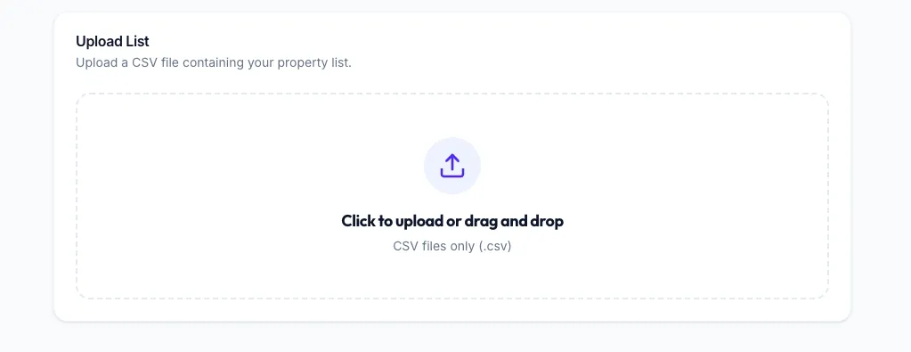 Ava Data Bulk Upload (CSV) screen with an Upload List card and a dashed drop zone reading 'Click to upload or drag and drop — CSV files only (.csv)'.