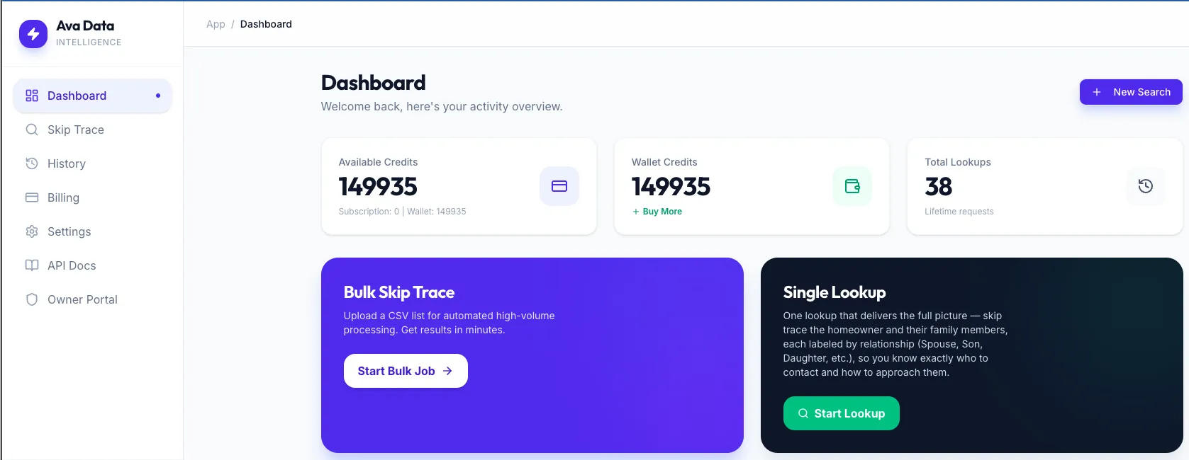 Ava Data dashboard showing the sidebar navigation (Dashboard, Skip Trace, History, Billing, Settings, API Docs, Owner Portal), three credit summary cards (Available Credits 149,935, Wallet Credits 149,935, Total Lookups 38), and two action cards for Bulk Skip Trace and Single Lookup.