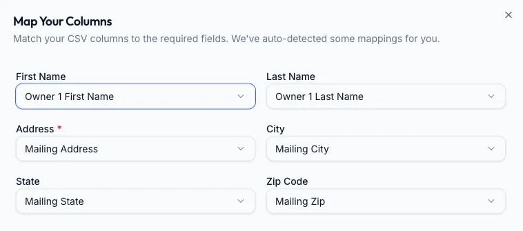 Ava Data Map Your Columns dialog with First Name, Last Name, Address, City, State, and Zip Code dropdowns already auto-mapped to incoming CSV column names like Owner 1 First Name and Mailing Address.