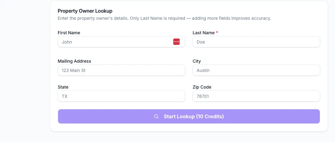 Ava Data Single Lookup form: Property Owner Lookup card with First Name (John), Last Name (Doe), Mailing Address (123 Main St), City (Austin), State (TX), and Zip Code (78701) fields above a Start Lookup (10 Credits) button.